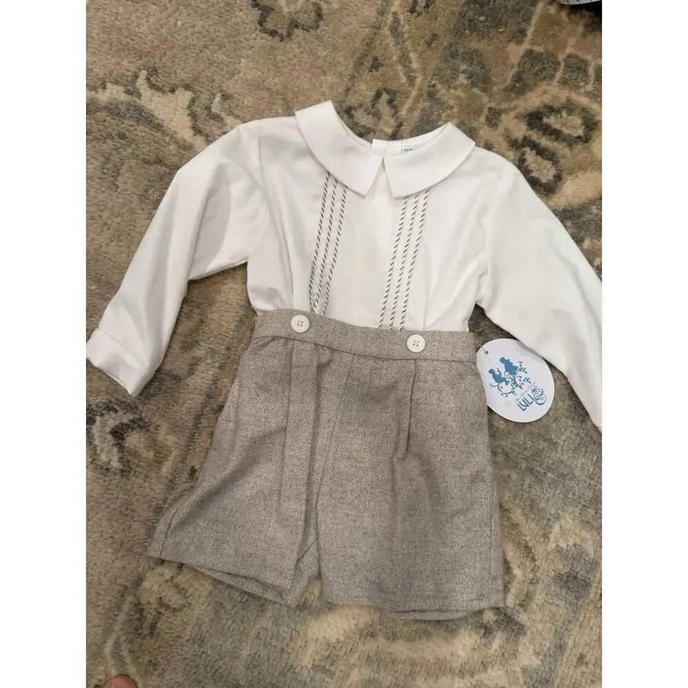 Luli & Me Long Sleeve Brown Tweed Button On Short Set Fall 6 Months NWT